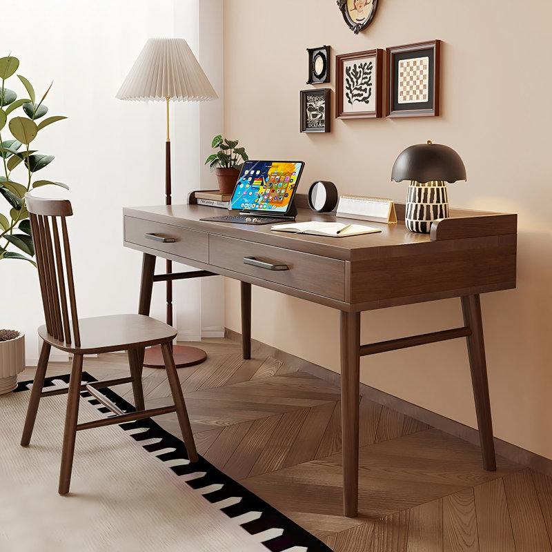 DECADANZ Brown Rectangle Solid Wood Writing Desk And Chair Set | Wayfair